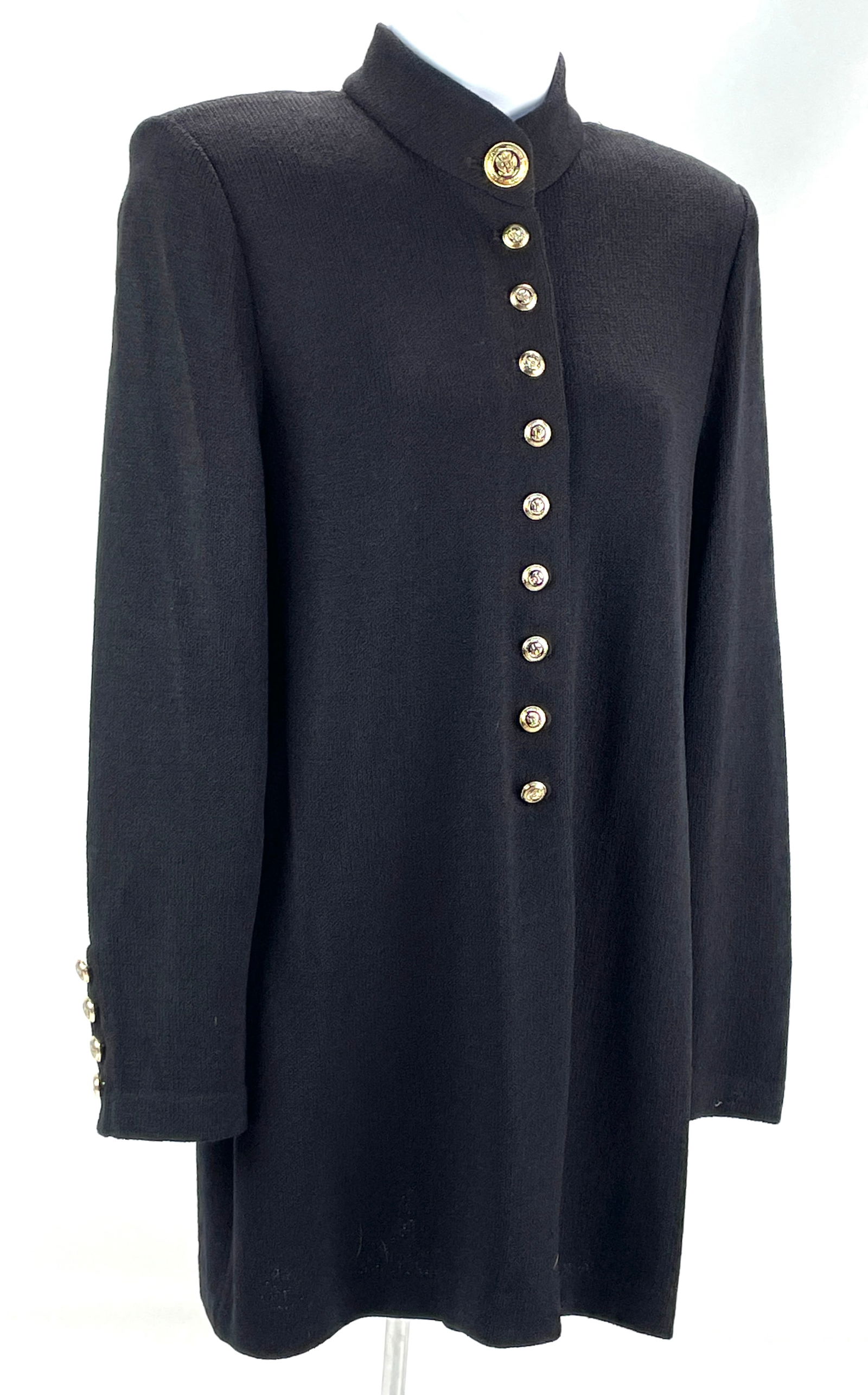 ST. JOHN BASICS Black Knit Mock Neck Jacket with Shoulder Pads and Gold Tone Buttons.  Made in USA. (1 of 4)