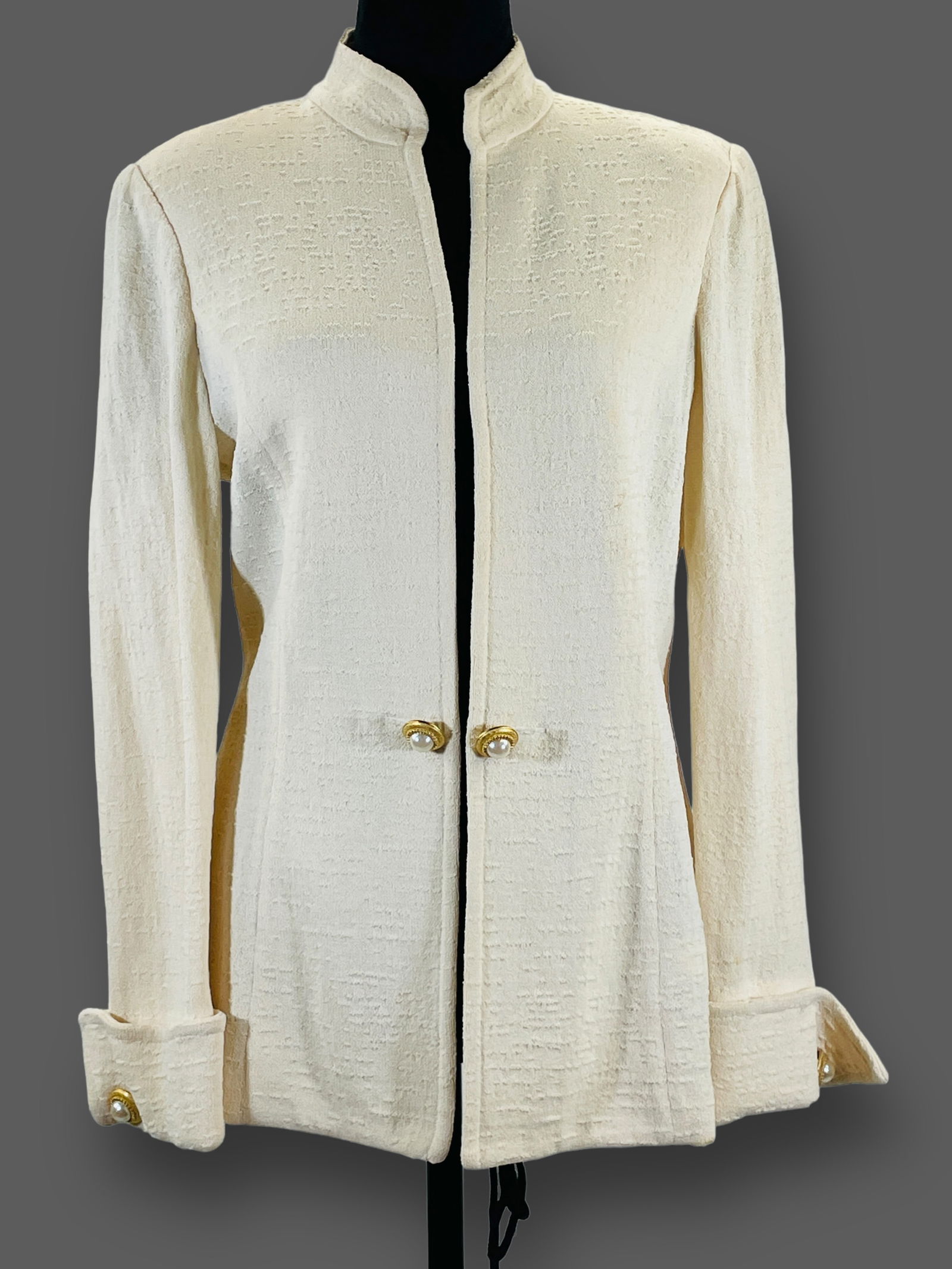 ST. JOHN Cream Stretch Knit Jacket with Gold Tone/Pearl Buttons and Light Shoulder Pads. Made in (1 of 4)