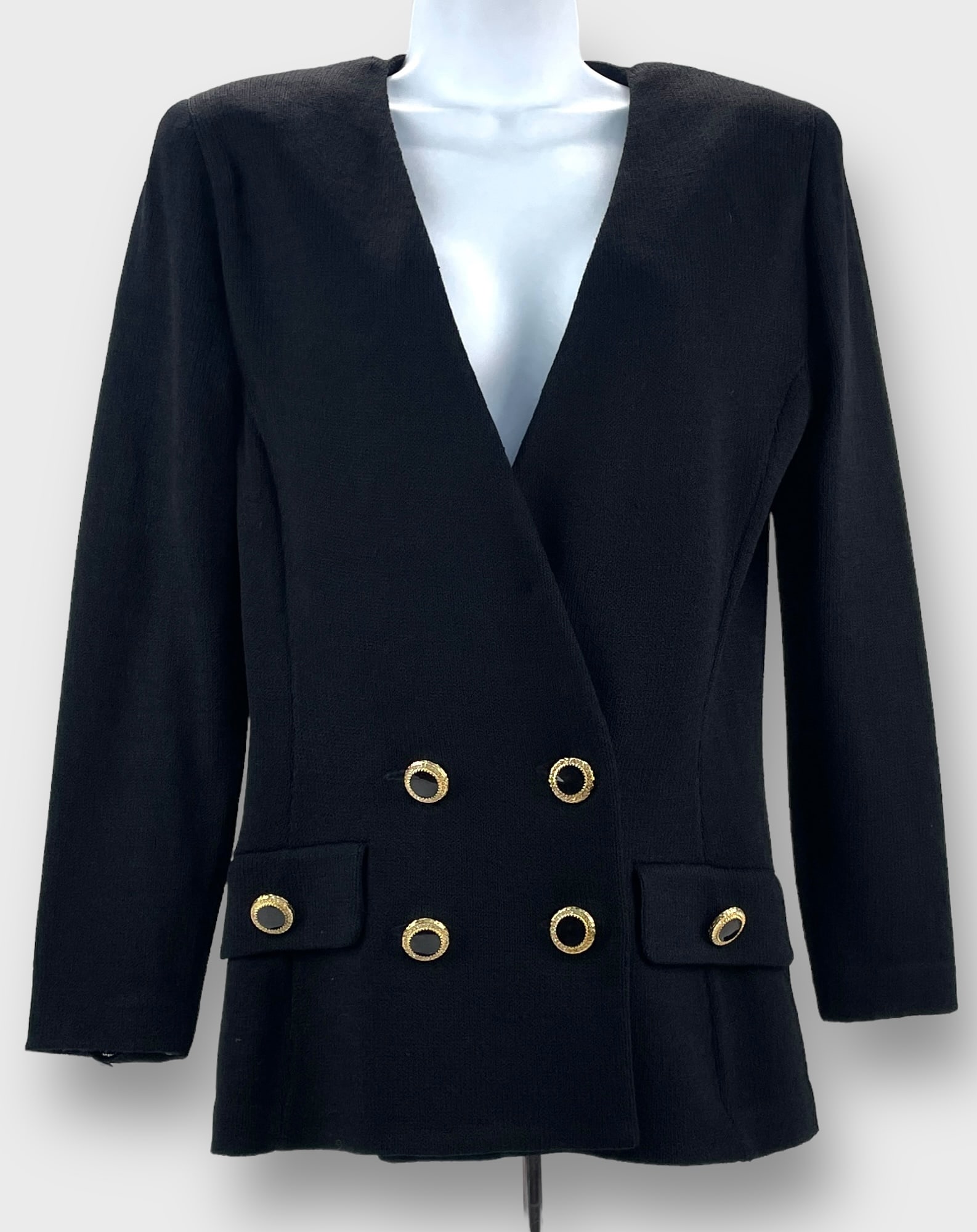 ST. JOHN BY MARIE GRAY Vintage Black Knit Jacket with Gold/Black Enamel/Rhinestone Buttons.  Buttons (1 of 4)