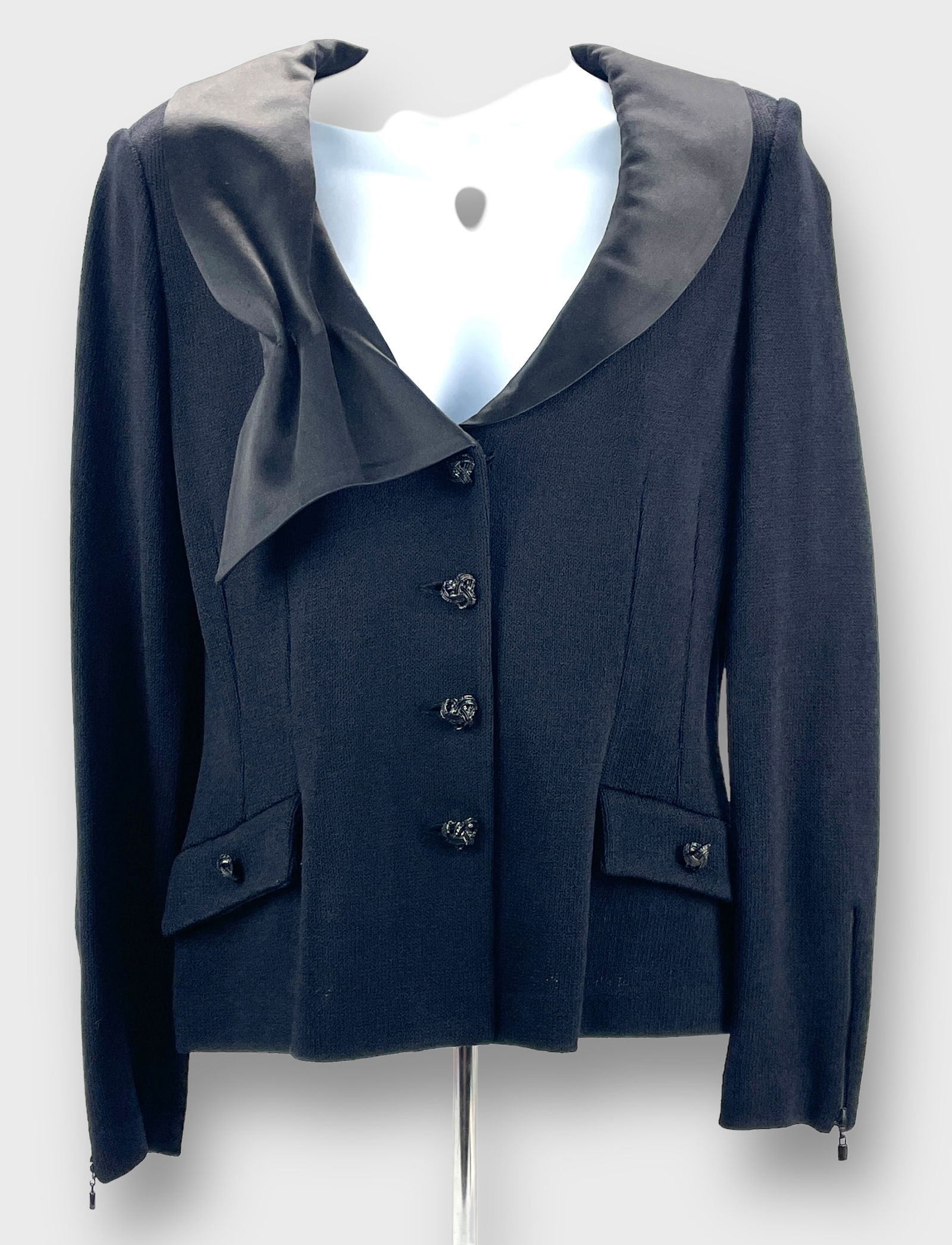 ST. JOHN EVENING BY MARIE GRAY  Black Knit Jacket with Asymmetrical Satin Collar and Black (1 of 4)