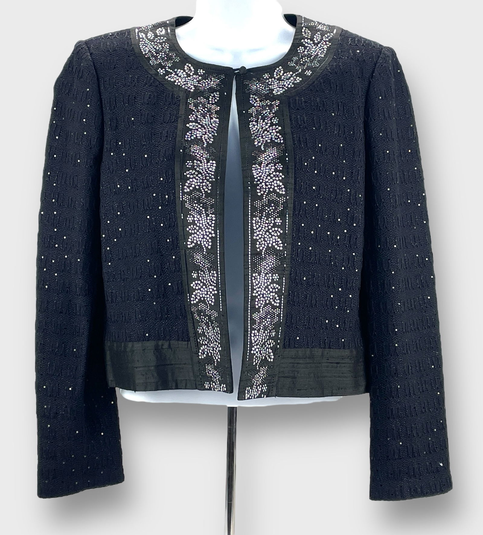ST. JOHN EVENING Black Metallic Knit Evening Jacket with Square Rhinestones Throughout and Silk Trim (1 of 4)