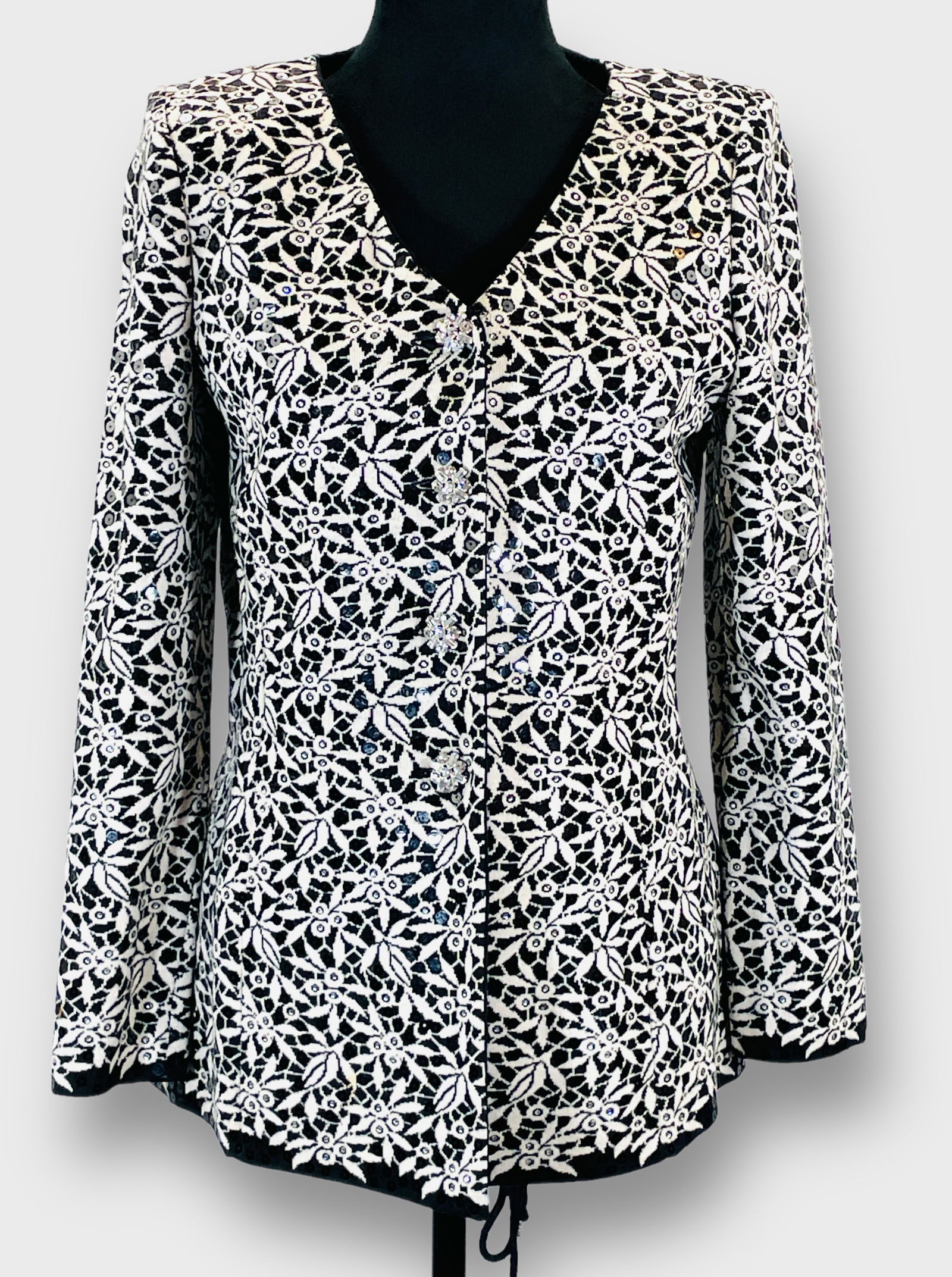 ST. JOHN EVENING BY MARIE GRAY  Black and Cream Knit Cardigan with Rhinestone/Sequin Details, (1 of 4)