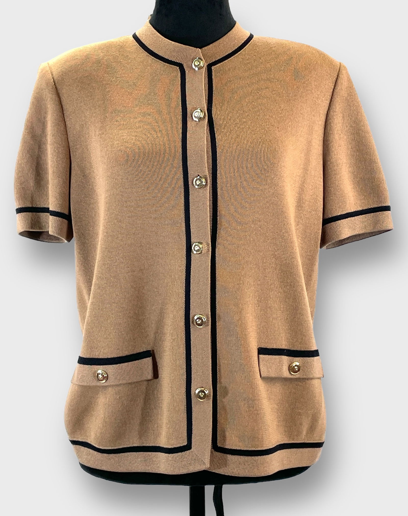 ST. JOHN COLLECTION BY MARIE GRAY Brown/Black Short Sleeve Knit Button Down Top with Gold Tone (1 of 4)