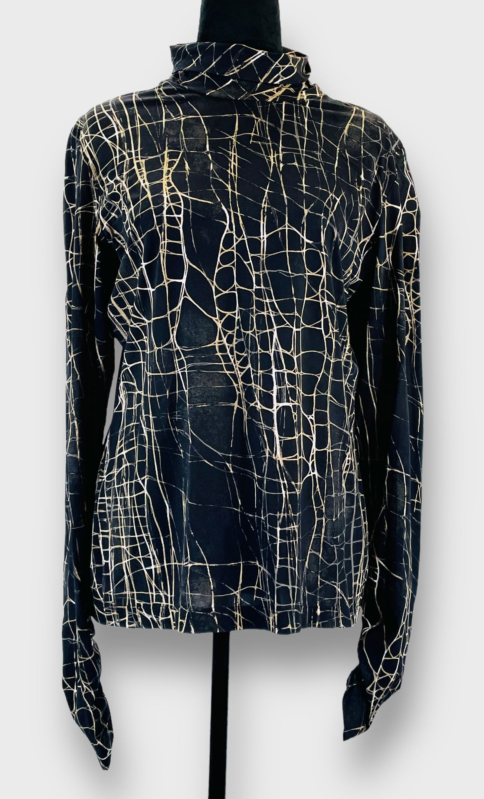 ST. JOHN Black/Brown Abstract Print Stretch, Long Sleeve Turtle Neck with Ruching Detail on Collar (1 of 4)