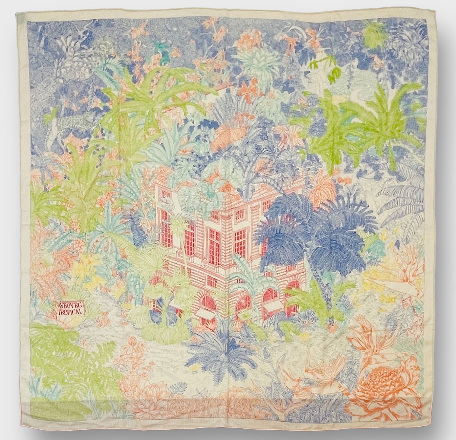 HERMES FAUBOURG Tropical Silk and Cashmere Challis Scarf: Shipping: We do not provide in-house shipping or packing. Please reach out to one of our preferred shippers for a quote: Donald Camden UPS Store #4608 store4608@theupsstore.com - 703-569-8802 Navis Pa