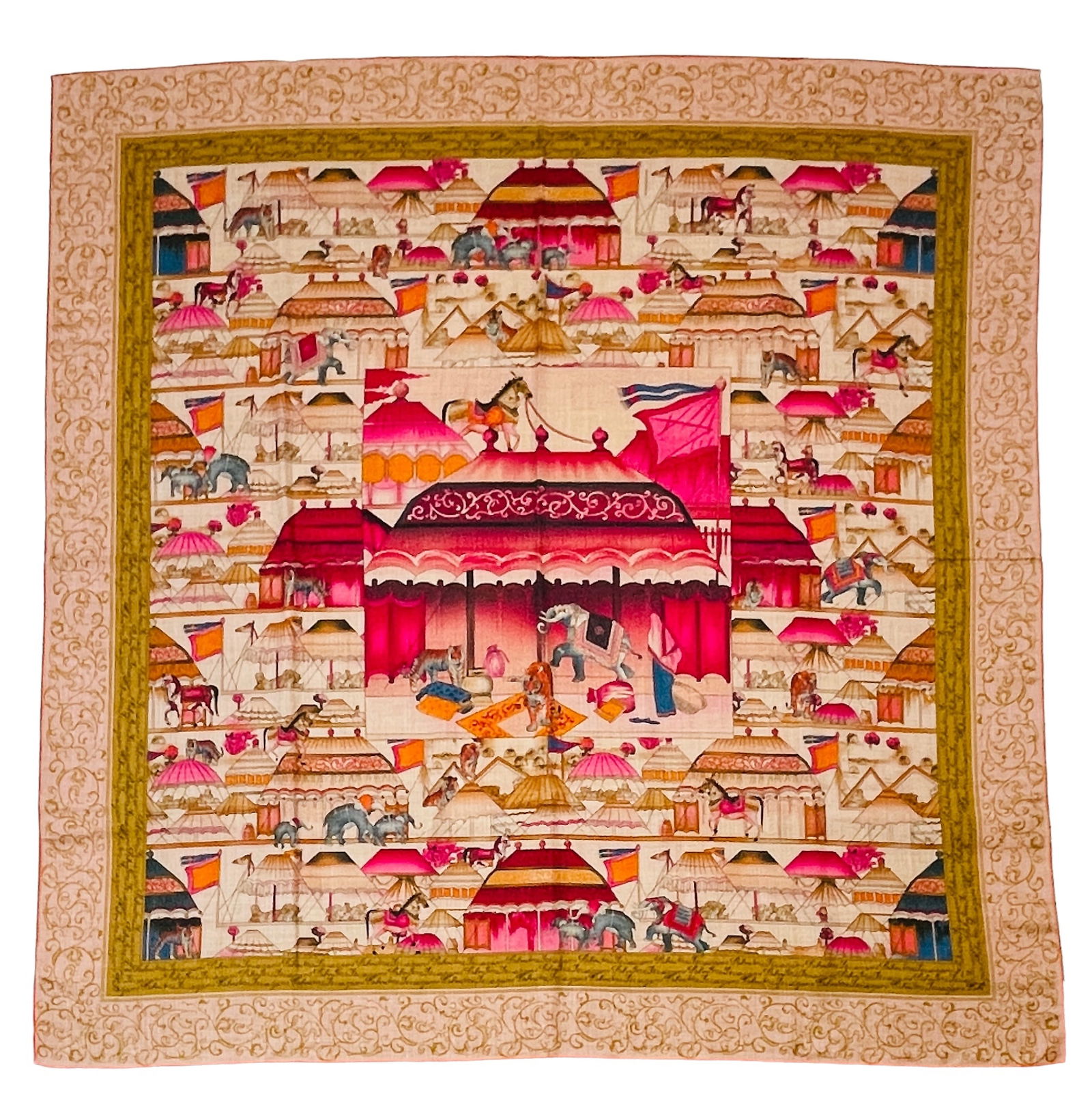 FERRAGAMO Silk and Cashmere Challis Circus Themed Scarf: Shipping: We do not provide in-house shipping or packing. Please reach out to one of our preferred shippers for a quote: Donald Camden UPS Store #4608 store4608@theupsstore.com - 703-569-8802 Navis Pa