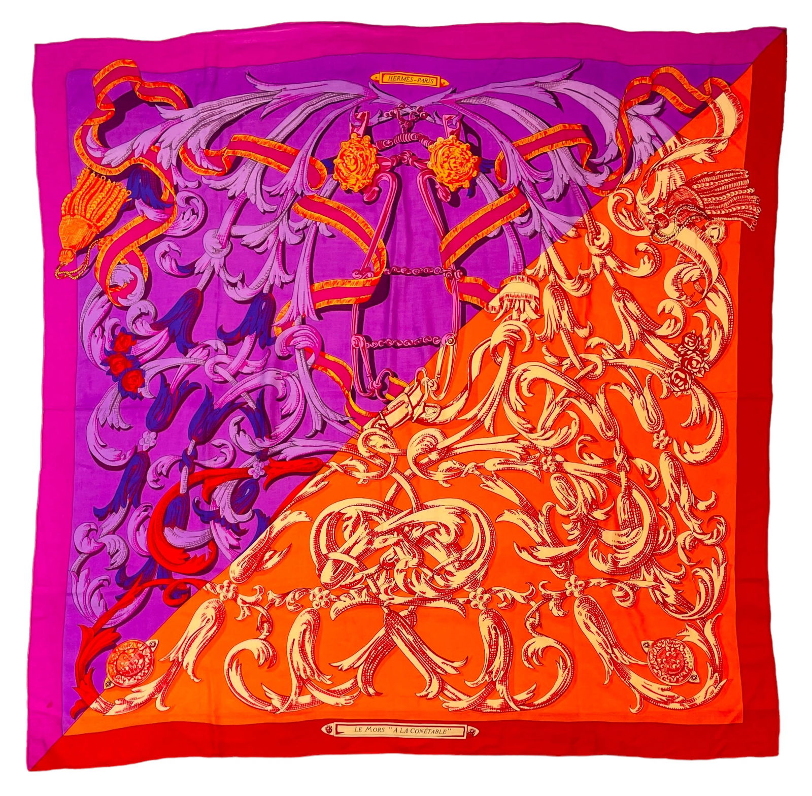 HERMES - PARIS Silk and Cashmere Challis Shawl with Orange, Purple, and Red Floral Vine and Tassel (1 of 4)