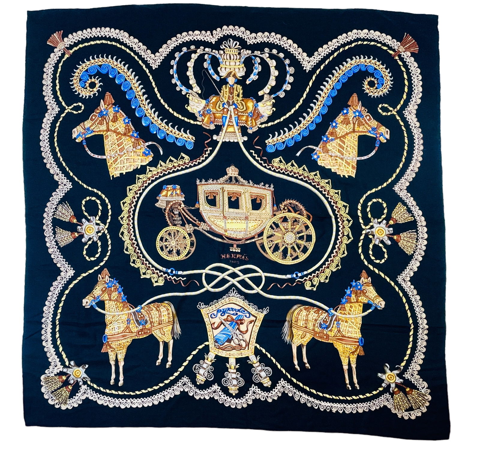 HERMES - PARIS Scarf Black Wool Silk Challis with Carriage and Horse Design. (1 of 3)
