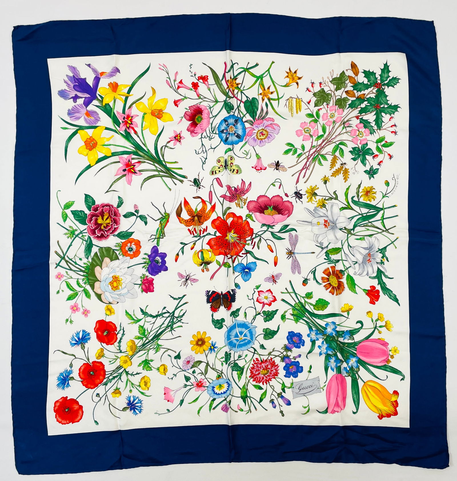 GUCCI FLORAL Classic Silk Scarf with White Background and Blue Border (1 of 4)