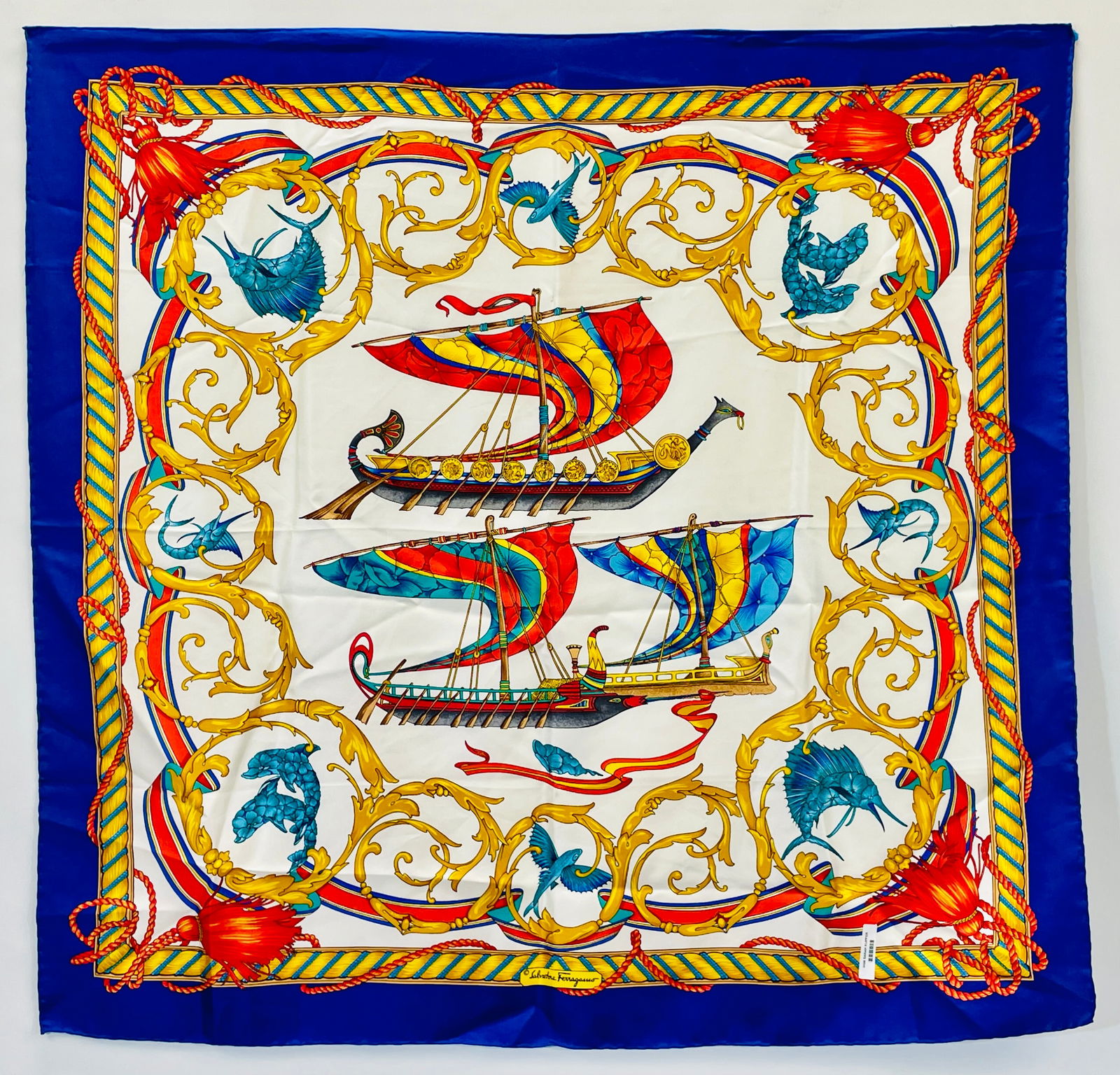 SALVATORE FERRAGAMO Silk Scarf in Primary Colors Featuring Barges and Various Sea Creatures (1 of 4)