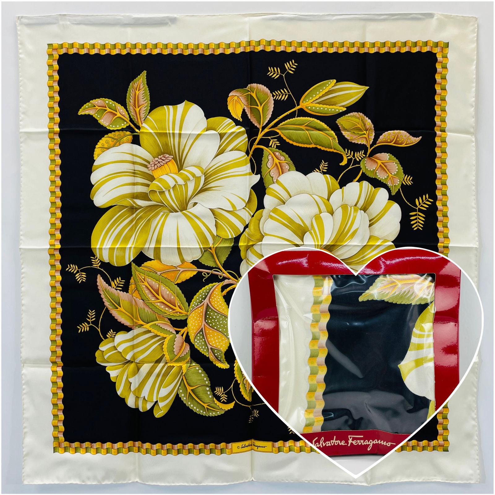 SALVATORE FERRAGAMO Silk Scarf in Box Ivory and Black With Leaves (1 of 5)