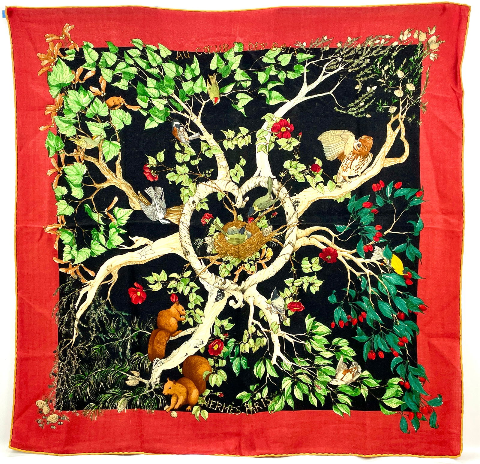HERMES Vintage Silk and Cashmere Challis Adorable Squirrel, Owl and Bird's Nest Scarf: Shipping: We do not provide in-house shipping or packing. Please reach out to one of our preferred shippers for a quote: Donald Camden UPS Store #4608 store4608@theupsstore.com - 703-569-8802 Navis Pa