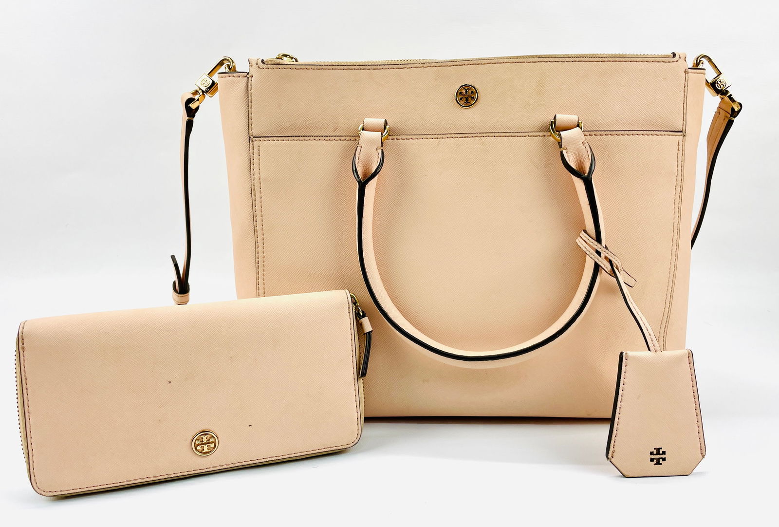 TORY BURCH Metallic Pale Peach Leather Double Zip Robinson Tote W/ Matching Wallet (1 of 10)