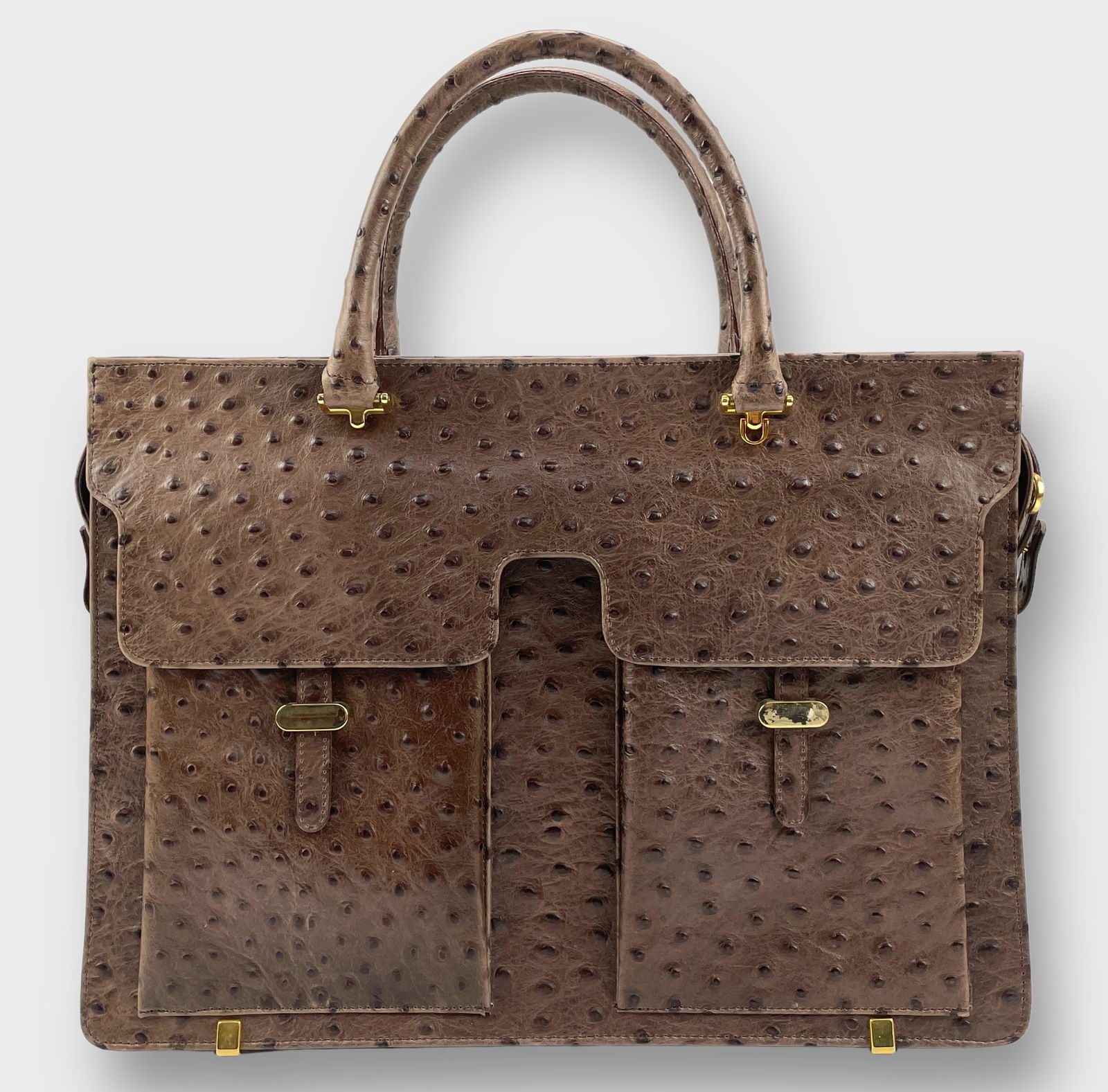 BELLA BORSA Italian Handbag, Brown Leather, Ostrich Skin Pattern, Exterior Pockets, Goldtone (1 of 8)