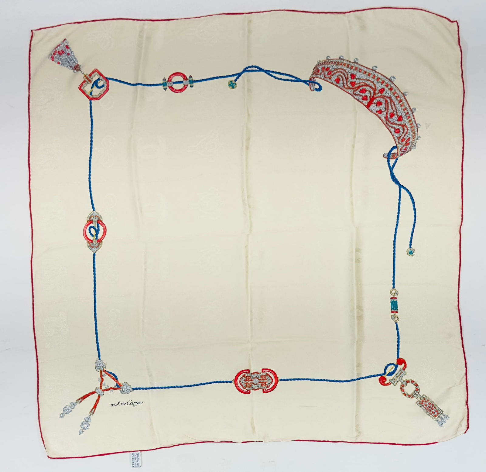 MUST DE CARTIER PARIS Ivory Silk Scarf With Jewelry Print: Shipping: We do not provide in-house shipping or packing. Please reach out to one of our preferred shippers for a quote: Donald Camden UPS Store #4608 store4608@theupsstore.com - 703-569-8802 Navis Pa