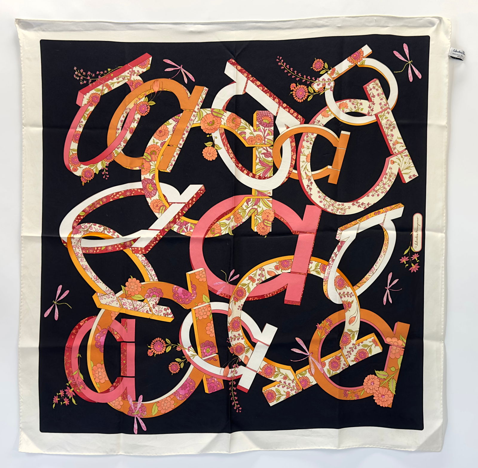 FERRAGAMO Silk Scarf Black, Ivory, Orange and Salmon Floral (1 of 4)