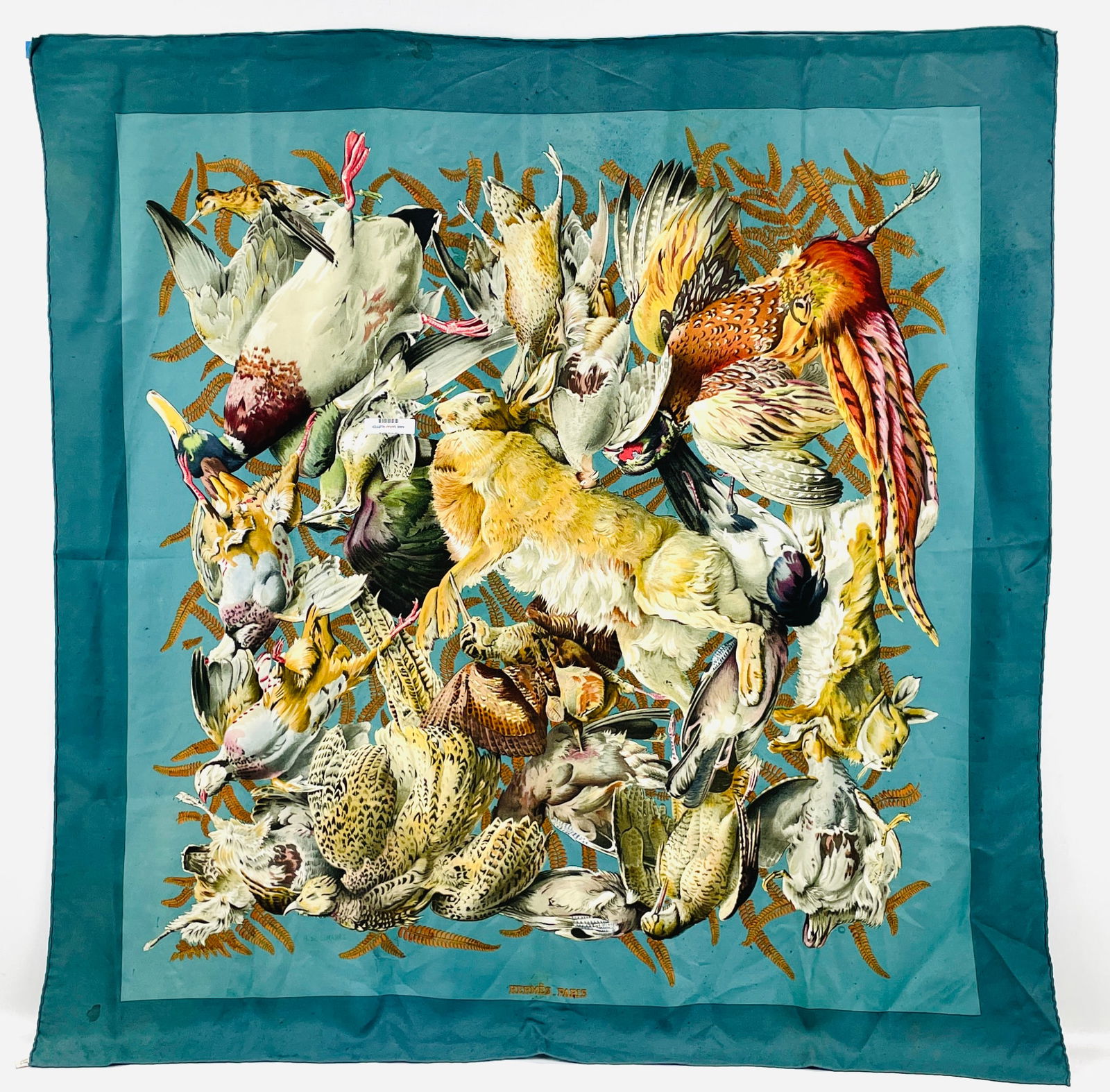 HERMES Vintage Silk Scarf Teal, Black, and Brown with Ducks and Birds (1 of 4)