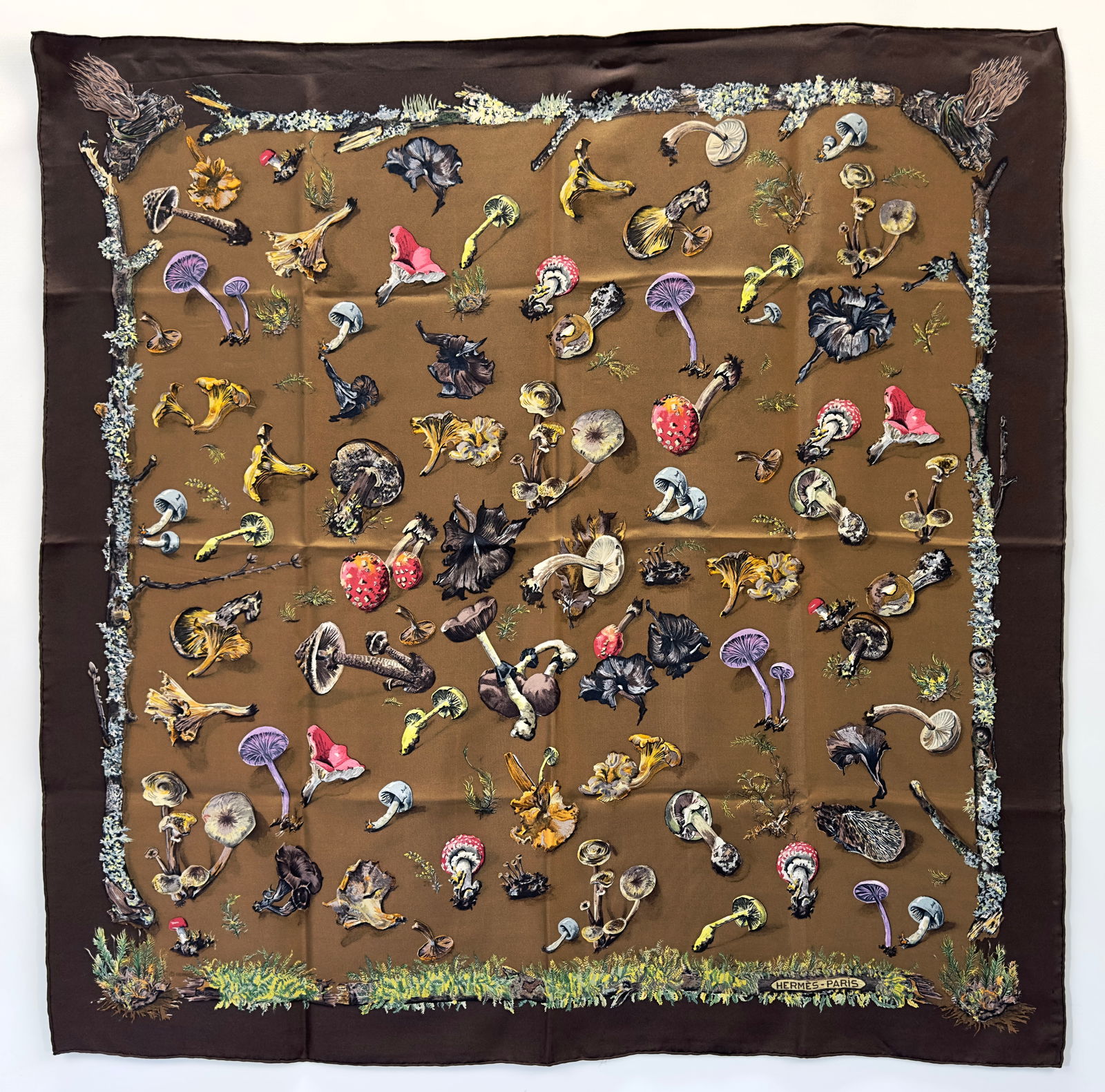 HERMES-PARIS Silk Scarf Brown Background Featuring Woodsy Mushroom Print (1 of 5)