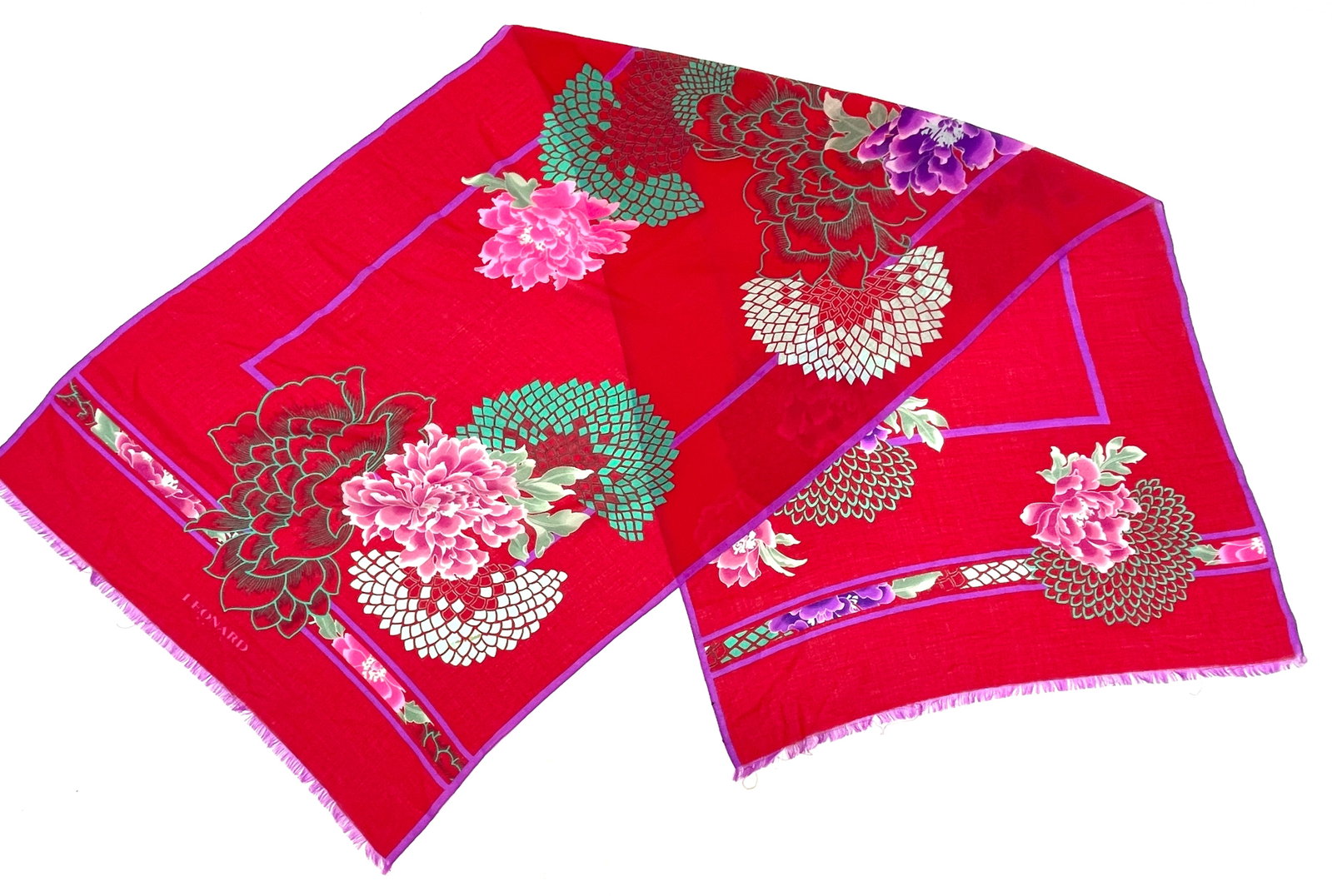 LEONARD PARIS Silk Wool Challis Red and Purple Chrysanthemum Scarf: Shipping: We do not provide in-house shipping or packing. Please reach out to one of our preferred shippers for a quote: Donald Camden UPS Store #4608 store4608@theupsstore.com - 703-569-8802 Navis Pa