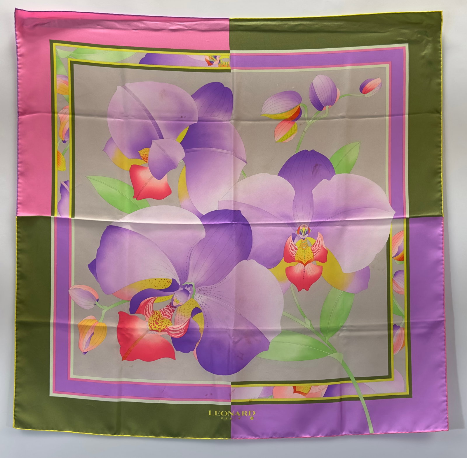 LEONARD PARIS Vintage Pink & Green Silk Scarf Featuring Orchids: Shipping: We do not provide in-house shipping or packing. Please reach out to one of our preferred shippers for a quote: Donald Camden UPS Store #4608 store4608@theupsstore.com - 703-569-8802 Navis Pa