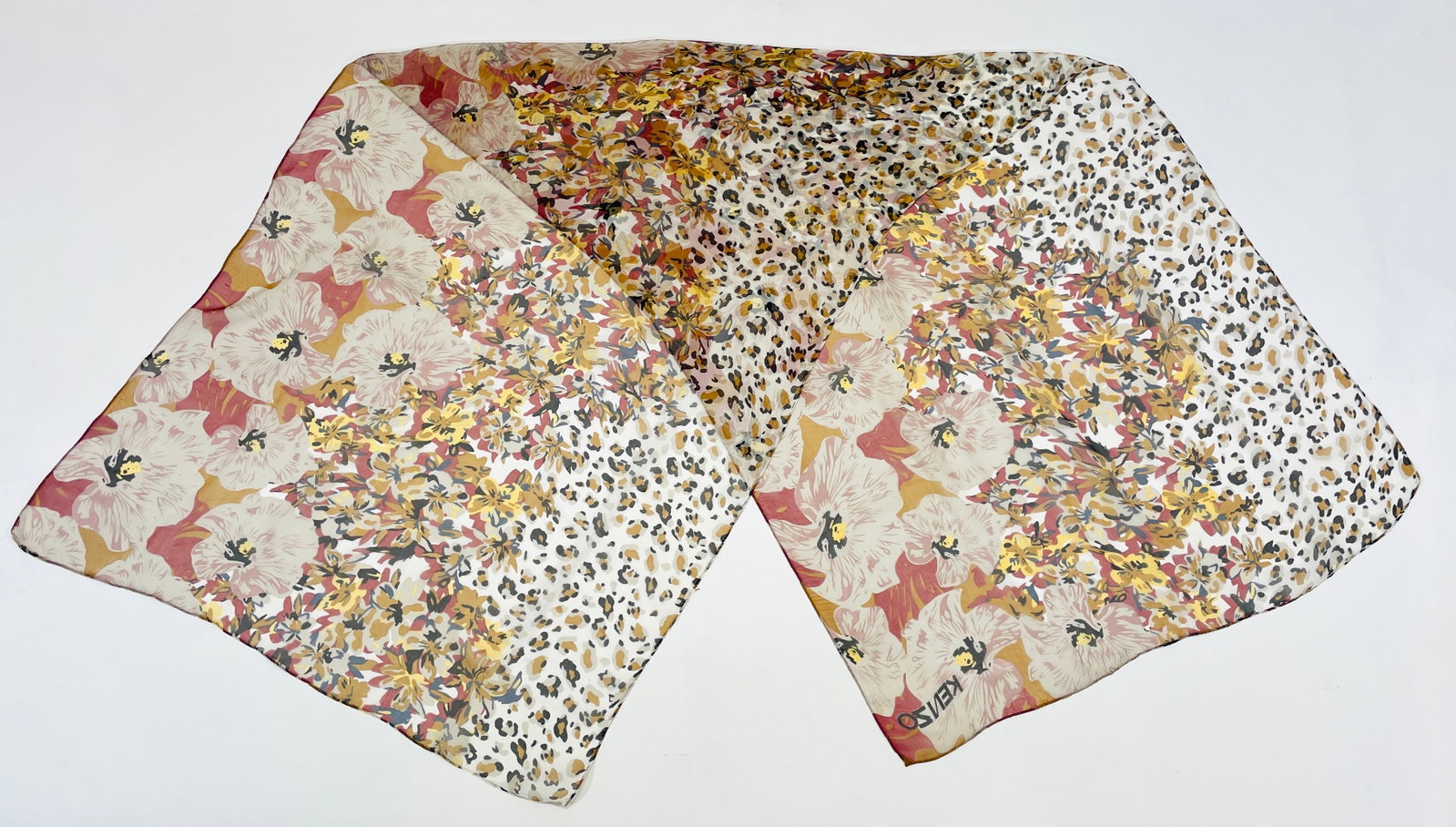 KENZO Floral and Leopard Earthtone Chiffon Scarf: Shipping: We do not provide in-house shipping or packing. Please reach out to one of our preferred shippers for a quote: Donald Camden UPS Store #4608 store4608@theupsstore.com - 703-569-8802 Navis Pa