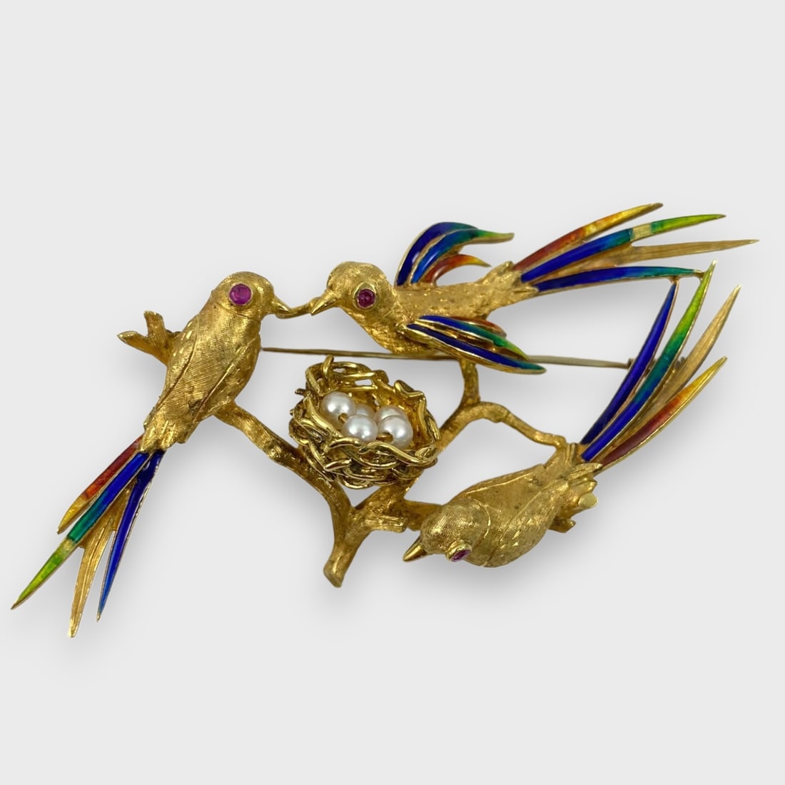 Fine 18K Yellow Gold Enamel  Ruby Pearl Birds & Nest On Branch (1 of 5)