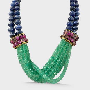 Iradj Moini Lapis Lazuli Emerald & Pink Gemstone Statement Necklace 16?? - 18: Largest stone approx. 11mm. Good preowned condition. Shipping: We do not provide in-house shipping or packing. Please reach out to one of our preferred shippers for a quote: Donald Camden UPS Store #4