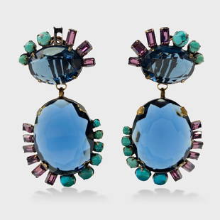 Iradj Moini Large Drop Blue Clip On Earrings: Missing one amethyst stone, see photos. Approx. 3 1/4&rdquo; x 1 3/4&rdquo; Shipping: We do not provide in-house shipping or packing. Please reach out to one of our preferred shippers for a quote: Don