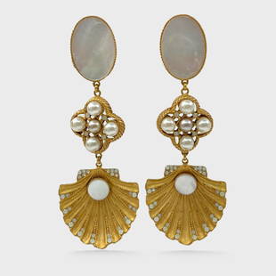 Askew London Gold Tone MOP & Pearl Drop Pierced Earrings: Approx. 3 5/8&rdquo; x 1 3/8&rdquo;. Good preowned condition. Shipping: We do not provide in-house shipping or packing. Please reach out to one of our preferred shippers for a quote: Donald Camden UPS