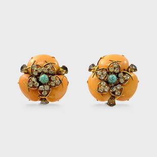 Iradj Moini Cabochon Coral & Turquoise Clip On Earrings: Approx. 1 3/8&rdquo;. Good preowned condition. Shipping: We do not provide in-house shipping or packing. Please reach out to one of our preferred shippers for a quote: Donald Camden UPS Store #4608 st