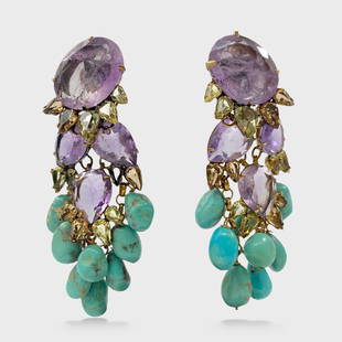 Iradj Moini Long Amethyst & Turquoise Drop Dangle Clip Earrings: Approx. 3 5/8&rdquo; x 2&rdquo;. Good preowned condition. Shipping: We do not provide in-house shipping or packing. Please reach out to one of our preferred shippers for a quote: Donald Camden UPS Sto