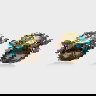 Iradj Moini Smoky Topaz, Amythest & Turquoise Cluster Clip On Earrings: Approx. 1 1/4” x 1 5/8”. Good preowned condition.