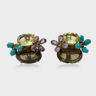 Iradj Moini Smoky Topaz, Amythest & Turquoise Cluster Clip On Earrings: Approx. 1 1/4” x 1 5/8”. Good preowned condition.