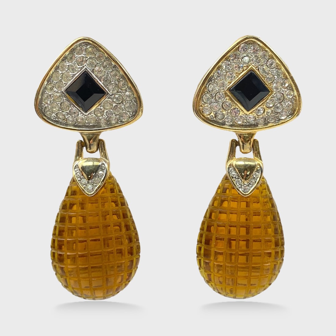 Vintage Craft Rhinestone & Carved Resin Drop Dangle Clip Earrings (1 of 3)