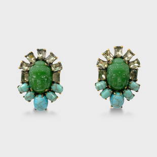 Iradj Moini Aventurine Turquoise & Quartz Clip On Earrings: Approx. 1 1/2” x 1 1/8”