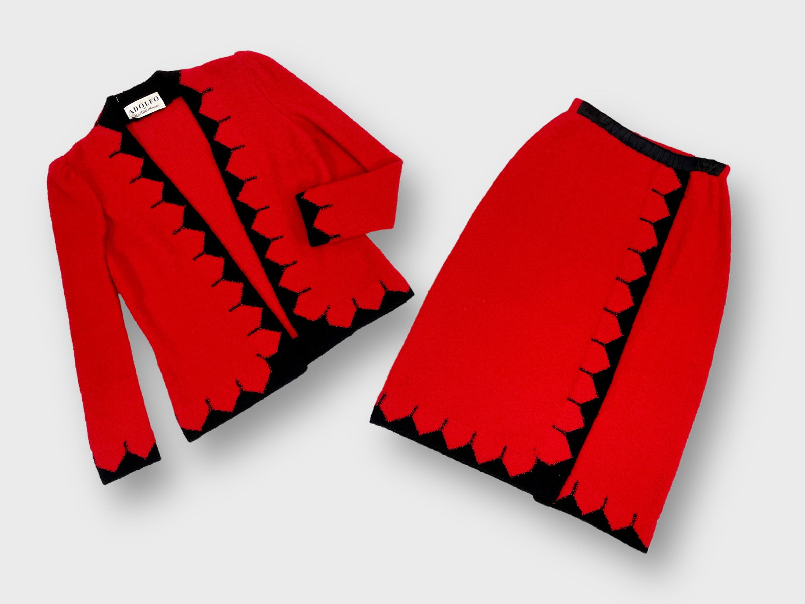 Adolfo At Saks Fifth Avenue Vintage Knit Red Skirt Suit, Red With Scalloped Black Contrasting Trim. (1 of 4)