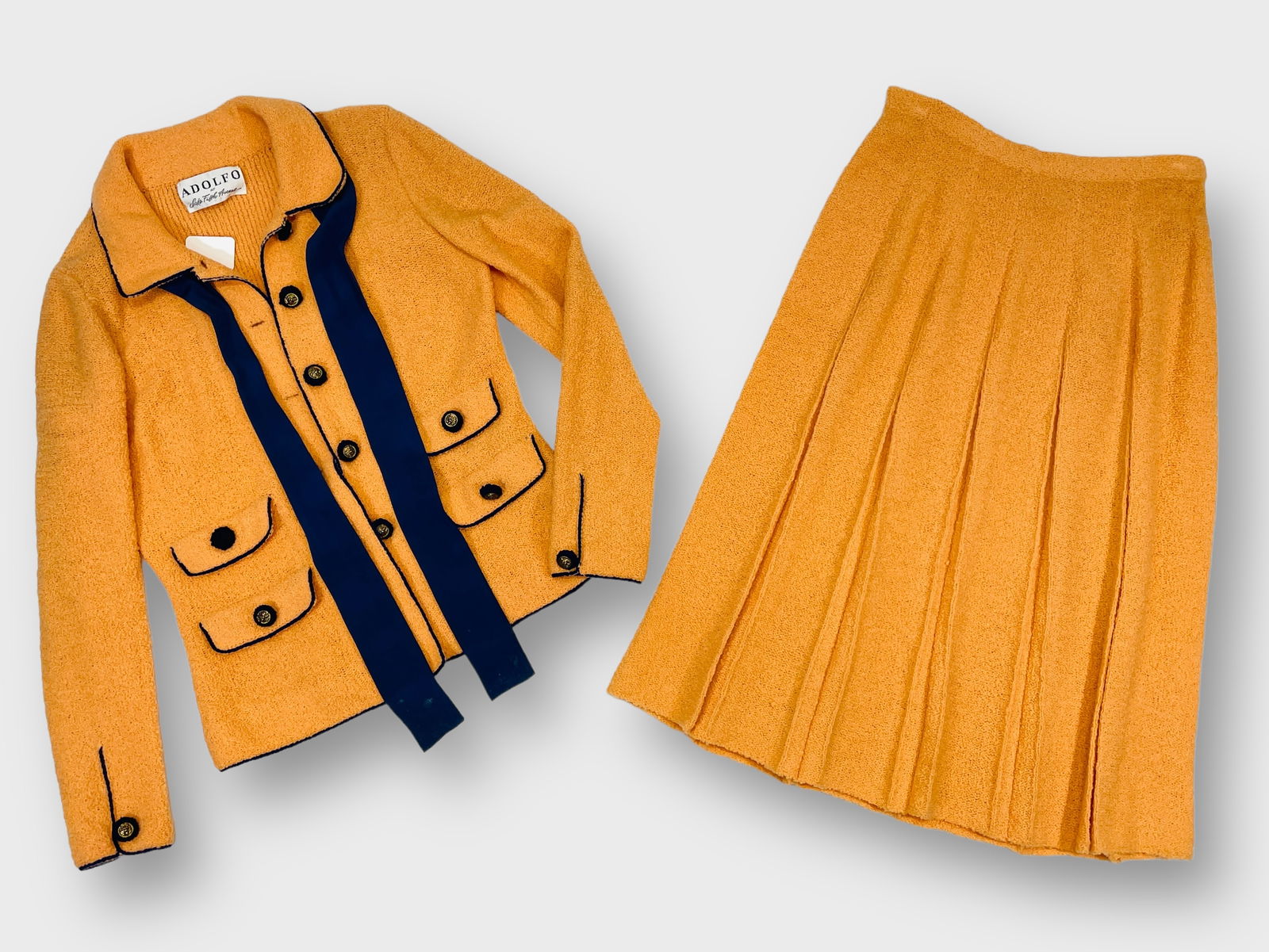 ADOLFO AT SAKS FIFTH AVENUE, Vintage Yellow Knit Suit Jacket With Black Trim Details and Matching (1 of 4)