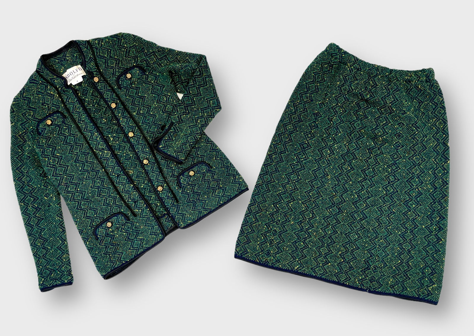 ADOLFO AT SAKS FIFTH AVENUE Vintage Knit Green Multi Knit Skirt Suit (1 of 5)