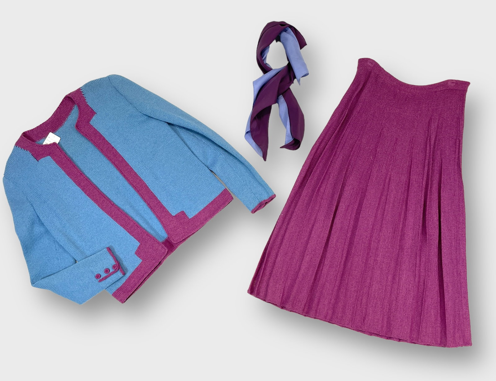 Vintage Pale Blue and Plum, Knit Jacket and Plum Knit Pleated Skirt. Sz 8 Colorblock Blue/Purple: Size 8