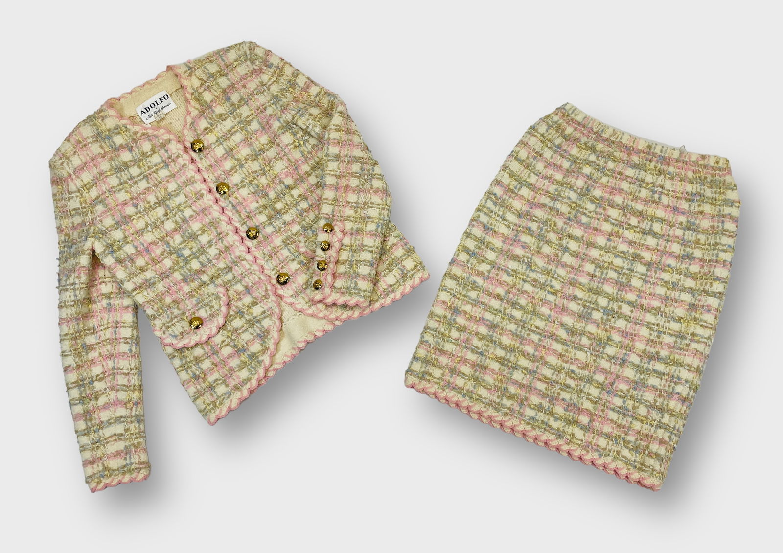 ADOLFO AT SAKS FIFTH AVENUE Vintage Chanel Style Knit Pastel Skirt Suit Size 8: Size 8