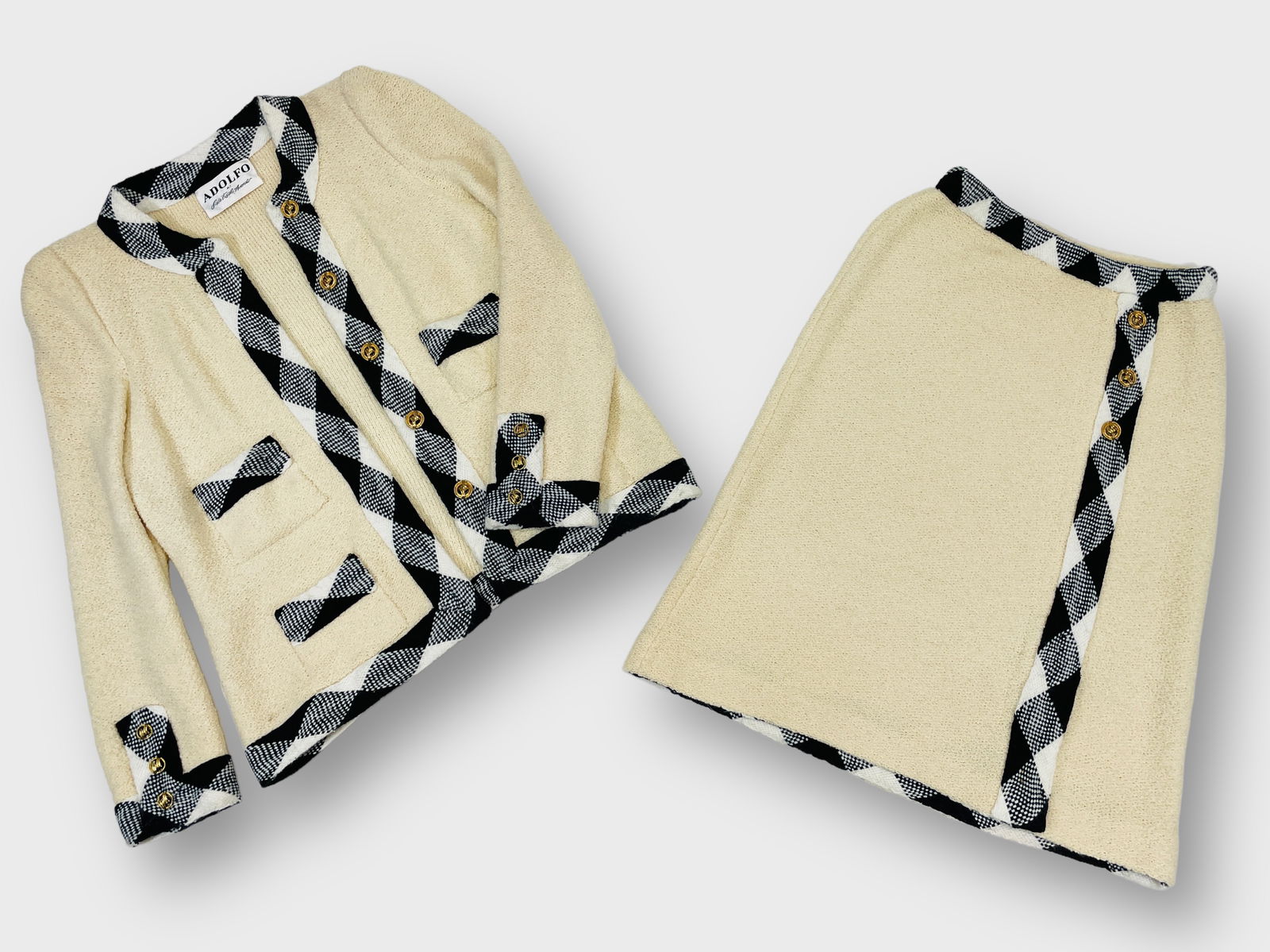 ADOLFO AT SAKS FIFTH AVENUE Vintage Knit Wool, Ivory Skirt Suit with Black and White Plaid Trim. (1 of 6)