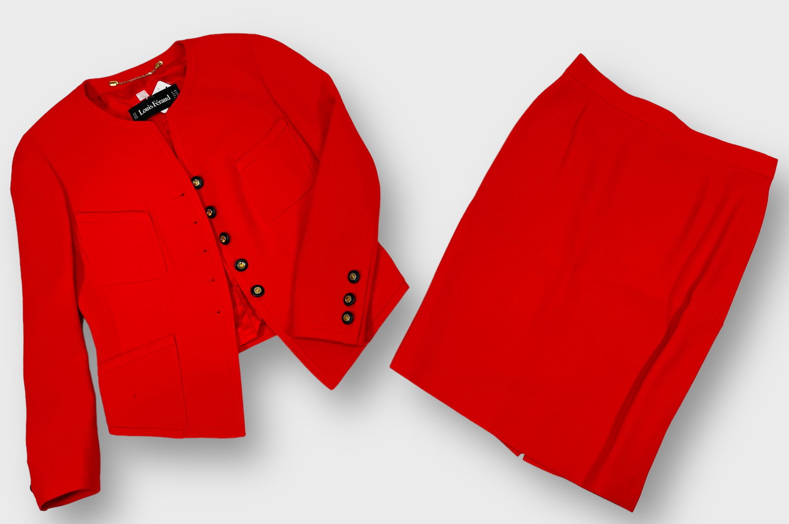 Vintage LOUIS FERAUD Red Wool Skirt Suit with a lack and Gold Buttons. Made in Germany Size 40: Size 40