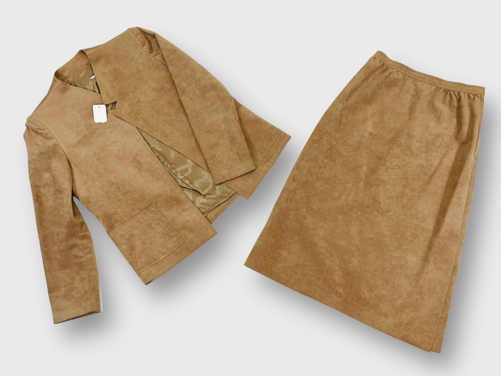 UNION MADE Tan Ultra-Suede Suit. Collarless Jacket and Skirt Set. No Maker Label: Size 8