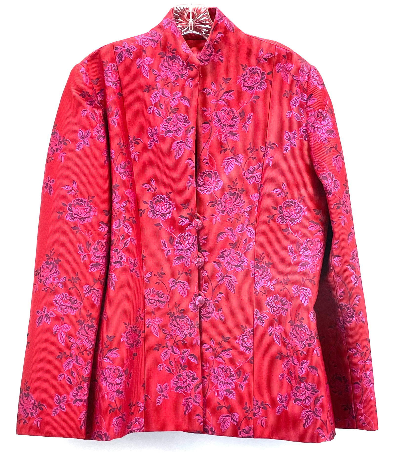UNBRANDED Vintage Traditional Asian Style Red Jacket With Hot Pink Flowers, And Fabric Button (1 of 3)