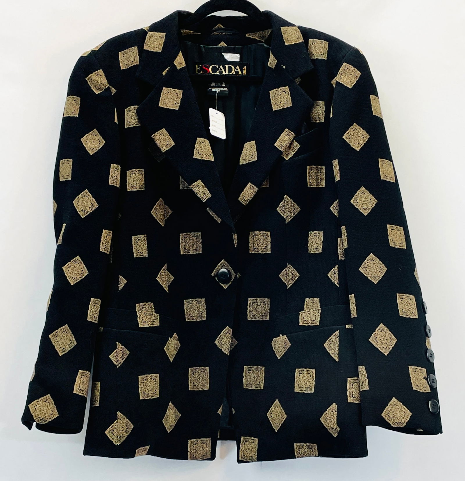 ESCADA BY MARGARETHA LEY, Black Wool Blazer With Tan Square Detail: Size 40