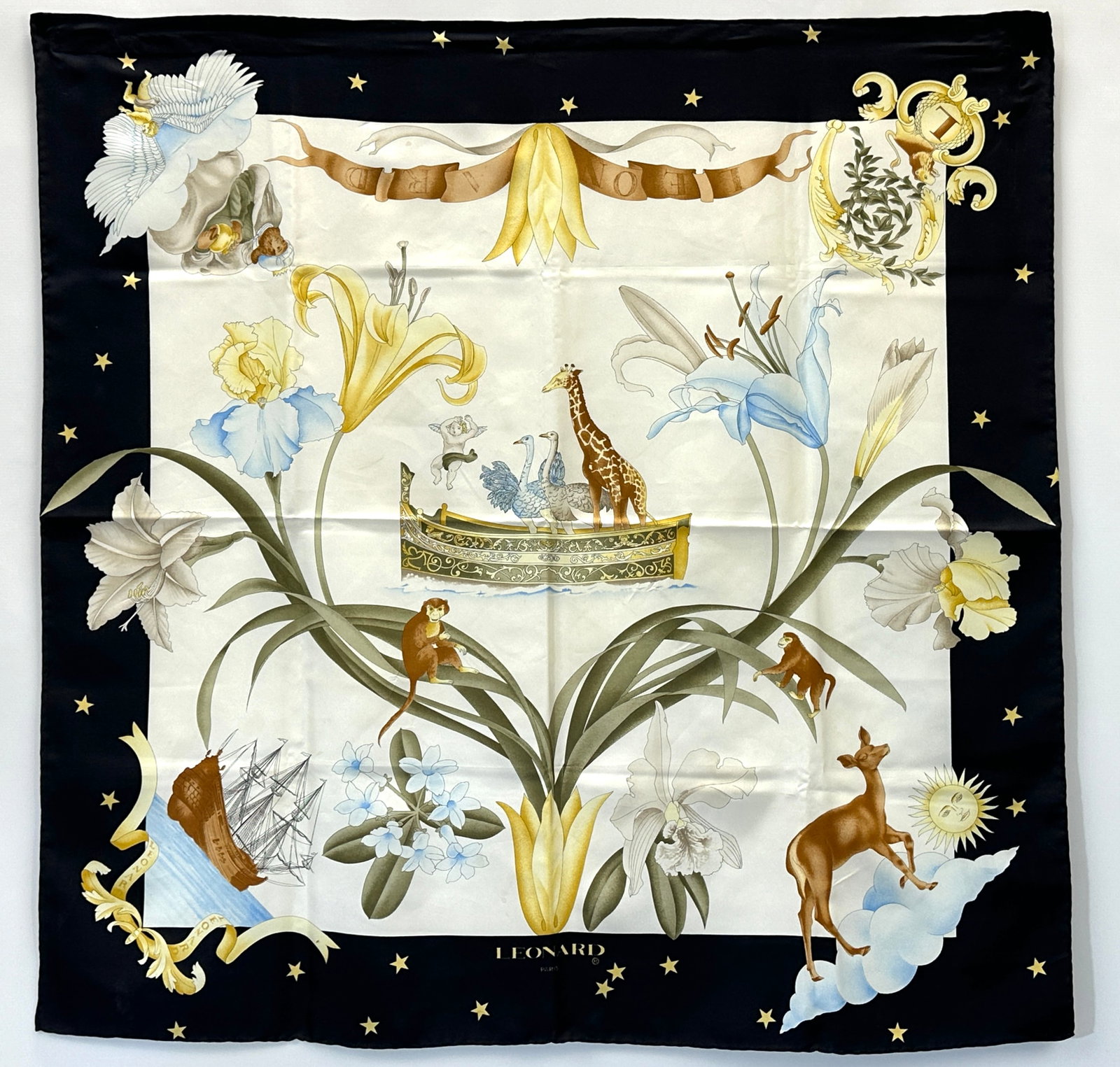 LEONARD PARIS Silk Scarf with Fantastic Floral and Animal Print: Shipping: We do not provide in-house shipping or packing. Please reach out to one of our preferred shippers for a quote: Donald Camden UPS Store #4608 store4608@theupsstore.com - 703-569-8802 Navis Pa