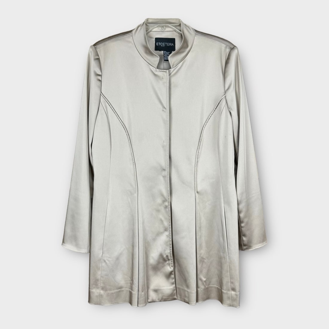 ETCERTRA Khaki Satin Stretch Fit and Flare Jacket with Snap Closure No Size Tag: Measurements taken flat Shoulders 17in Chest 21.5in Waist 20in, Presenting a few small spots. See Pic