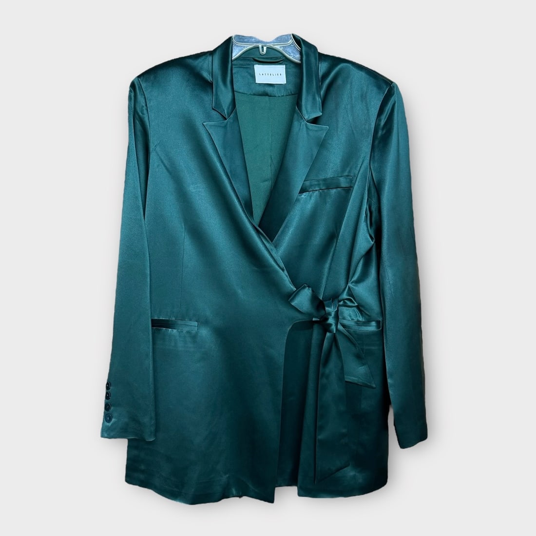 LATTELIER Emerald Satin Blazer with Side Tie Details: Size XL, Presenting Spot on Shoulder, See Pics