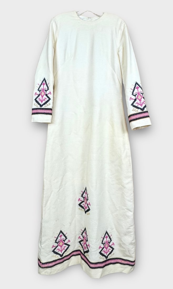 YOANTA XEIPONOIHTA TEXTILES Handmade Wool and Cotton Ivory Long Sleeve, Maxi Dress with Pink, Black, (1 of 5)
