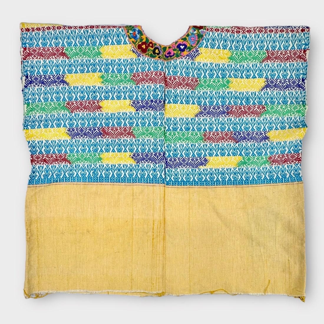 Vintage Handmade Tribal Textile Bohemian, Yellow Multi Cotton Tunic with Violas Embroidered Around (1 of 3)